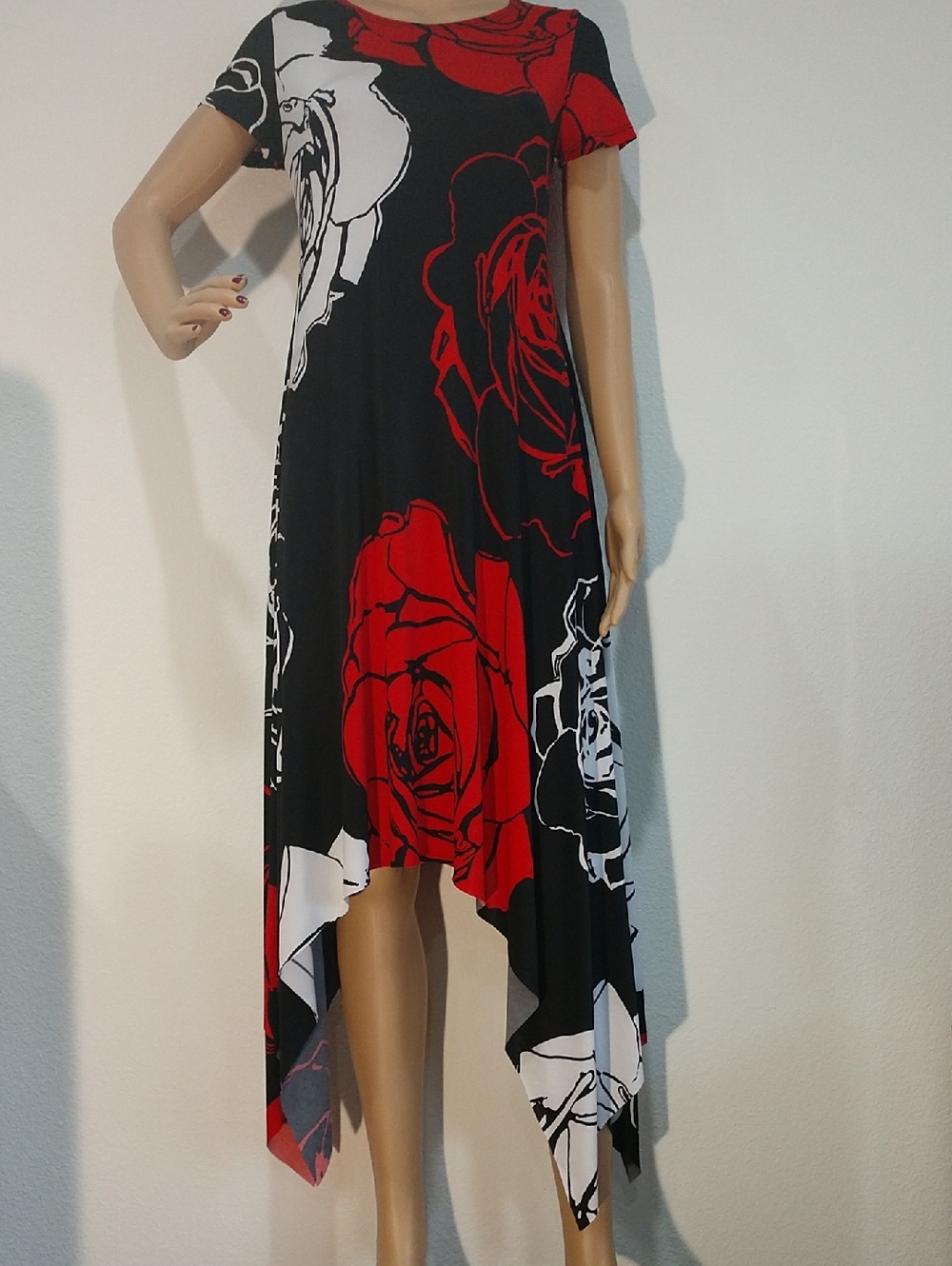 Black Asymmetrical Dress with Red & White Rose Print